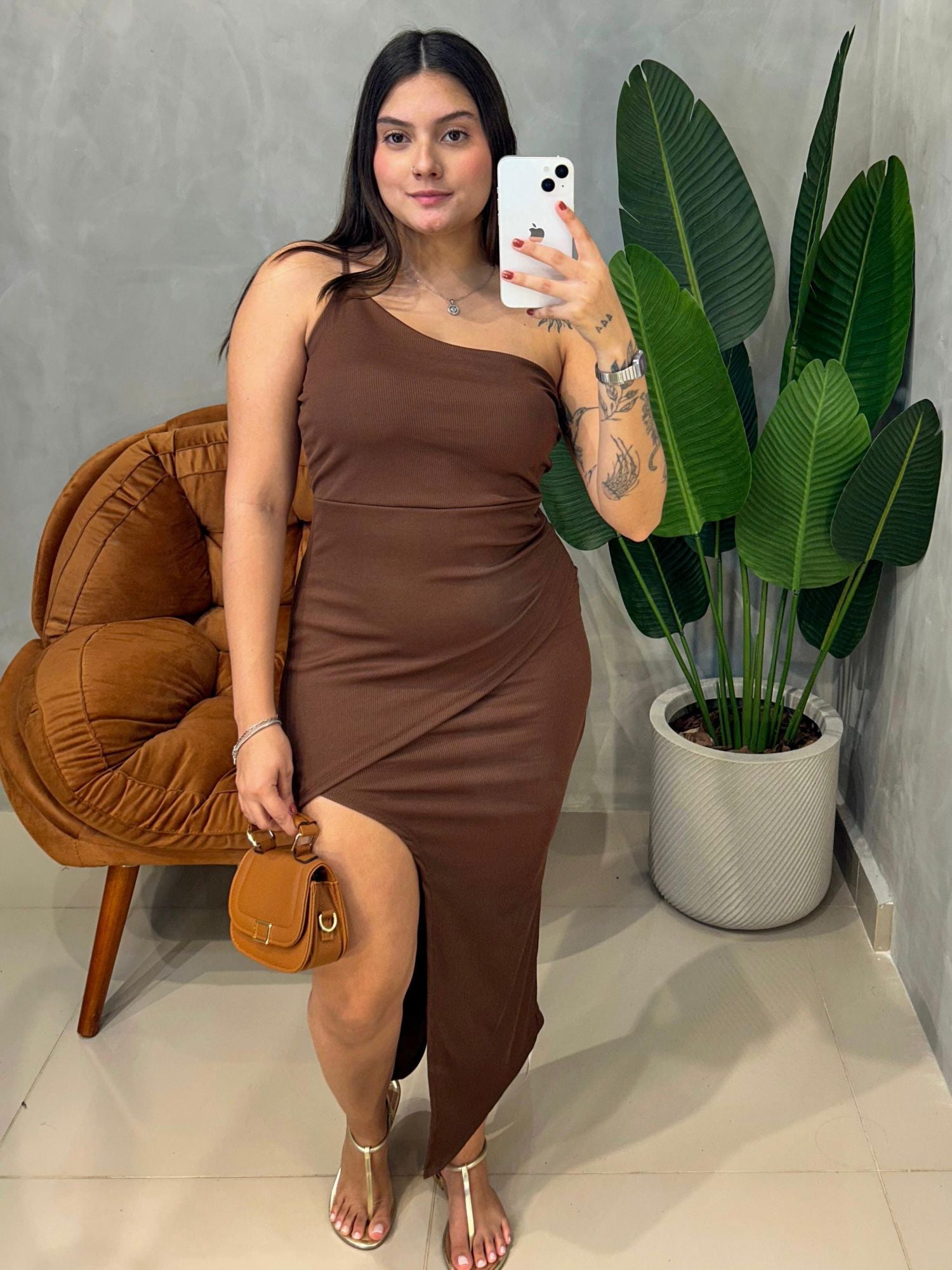 Vestido Midi em Ribana Alça Única Transpassado